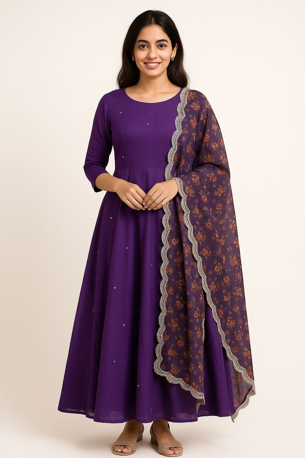 Royal Plum Anarkali Kurta Set with Printed Dupatta