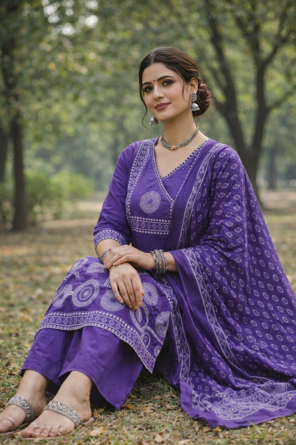 Royal Purple Printed Kurta Set with Ethnic Dupatta