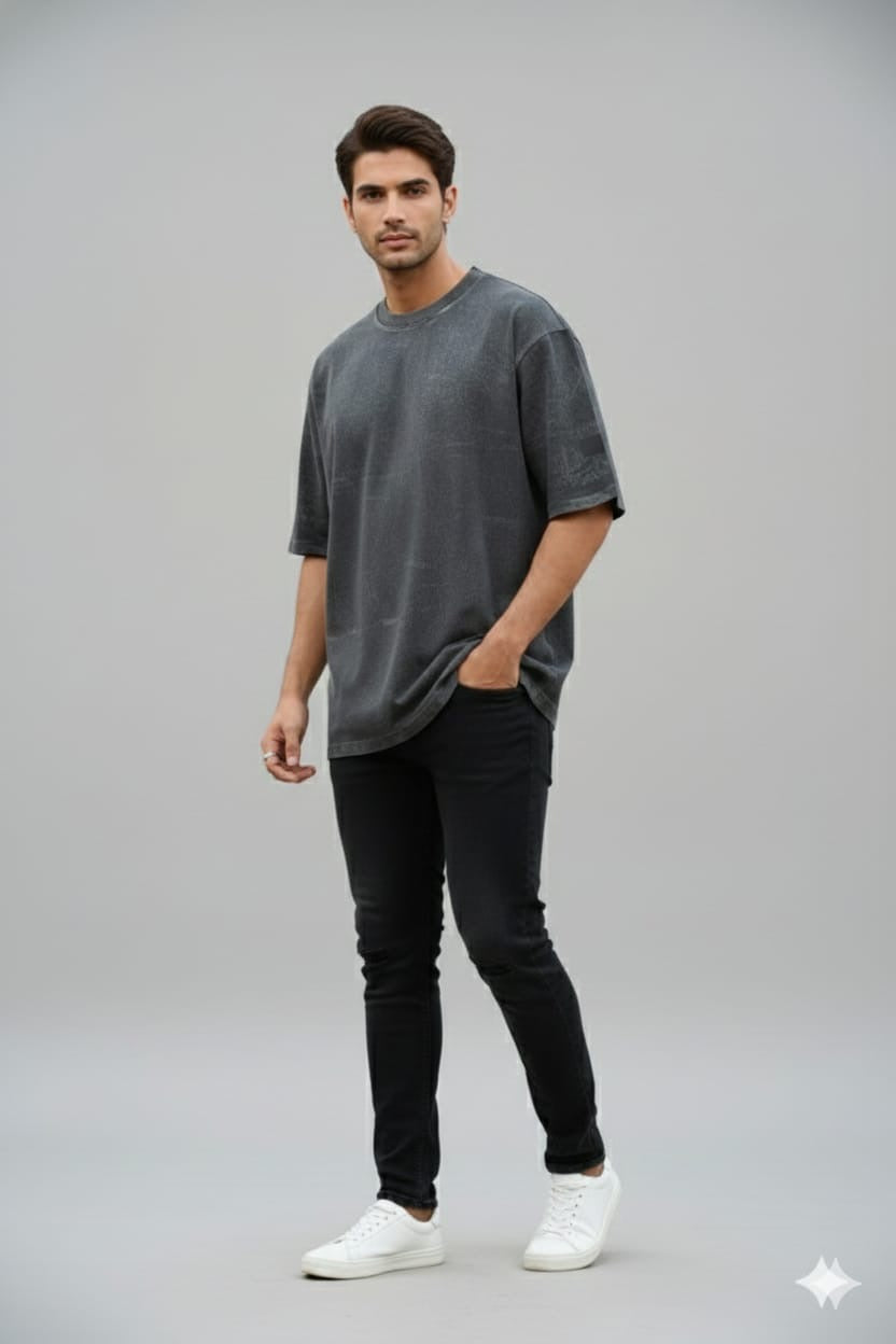 Men’s Charcoal Grey Acid Wash Oversized Graphic T-Shirt