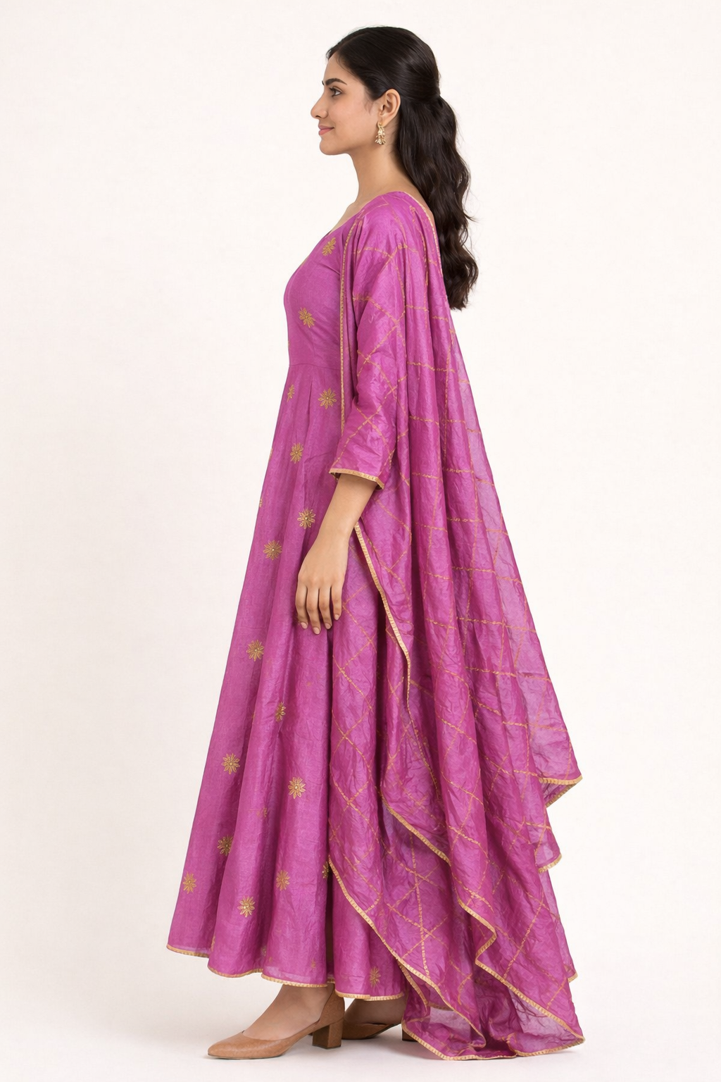 Magenta Chanderi Silk Anarkali Suit Set with Zari Motifs & Dupatta