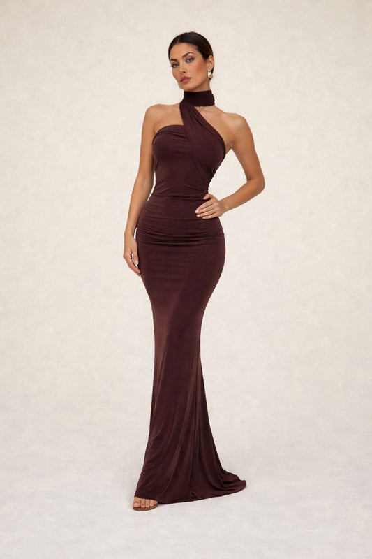 Wine Elegance Halter Neck Ruched Bodycon Gown