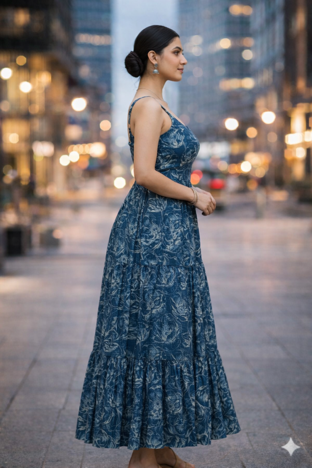 Indigo Bloom Printed Tiered Maxi Dress