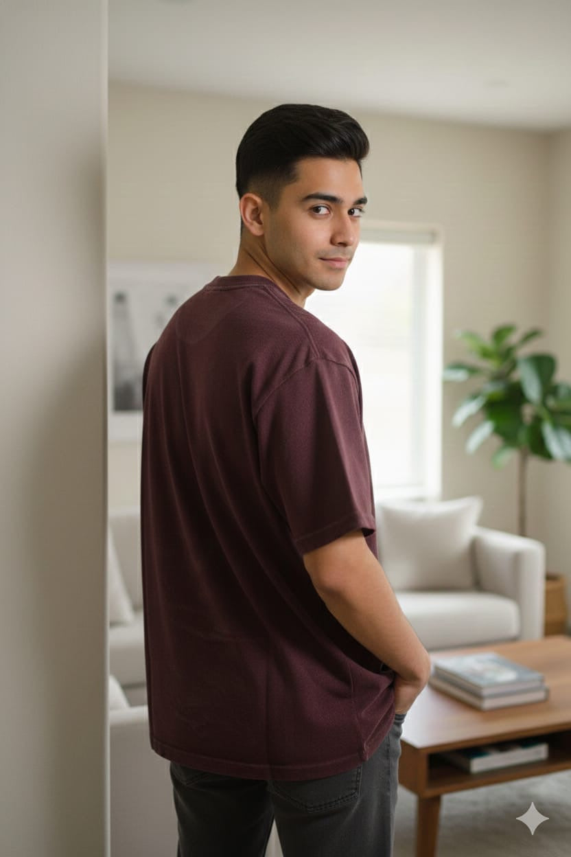 Men’s Burgundy Acid Wash Oversized Graphic T-Shirt – Skull Print