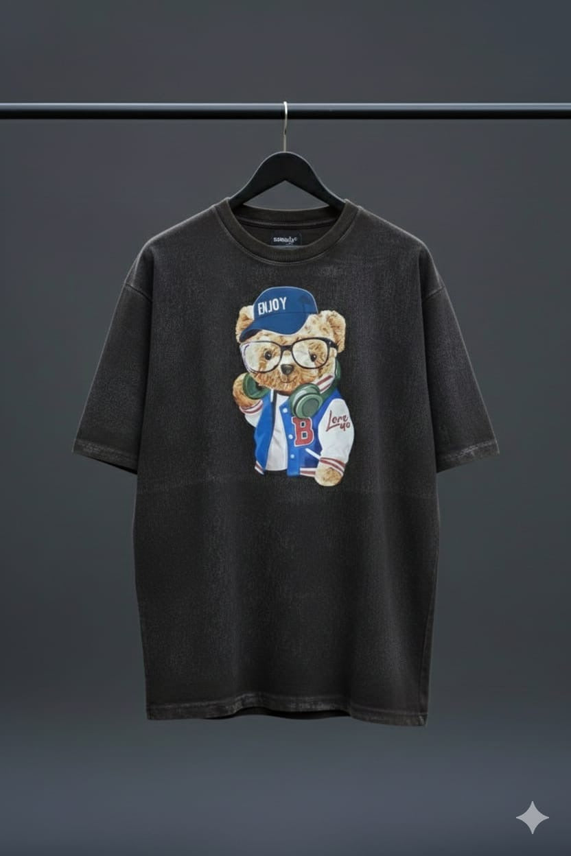 Men’s Charcoal Black Acid Wash Oversized Graphic T-Shirt