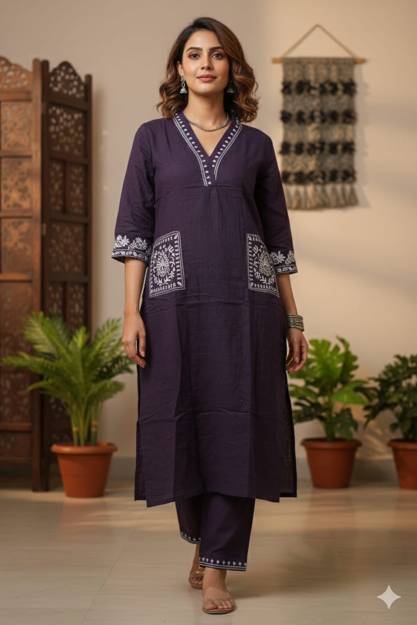 Dark Grape Purple Cotton Kurta Pant Set for Women