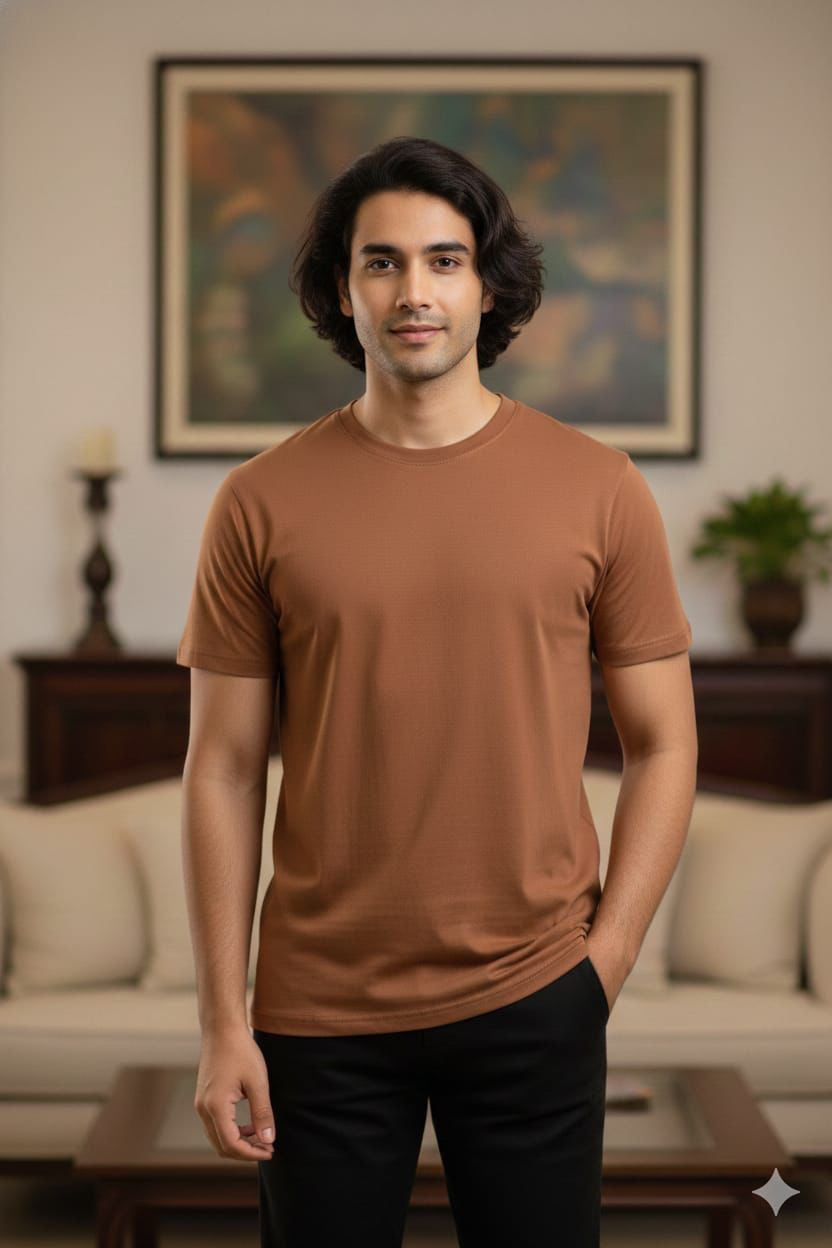 Brown Solid Crew Neck T-Shirt