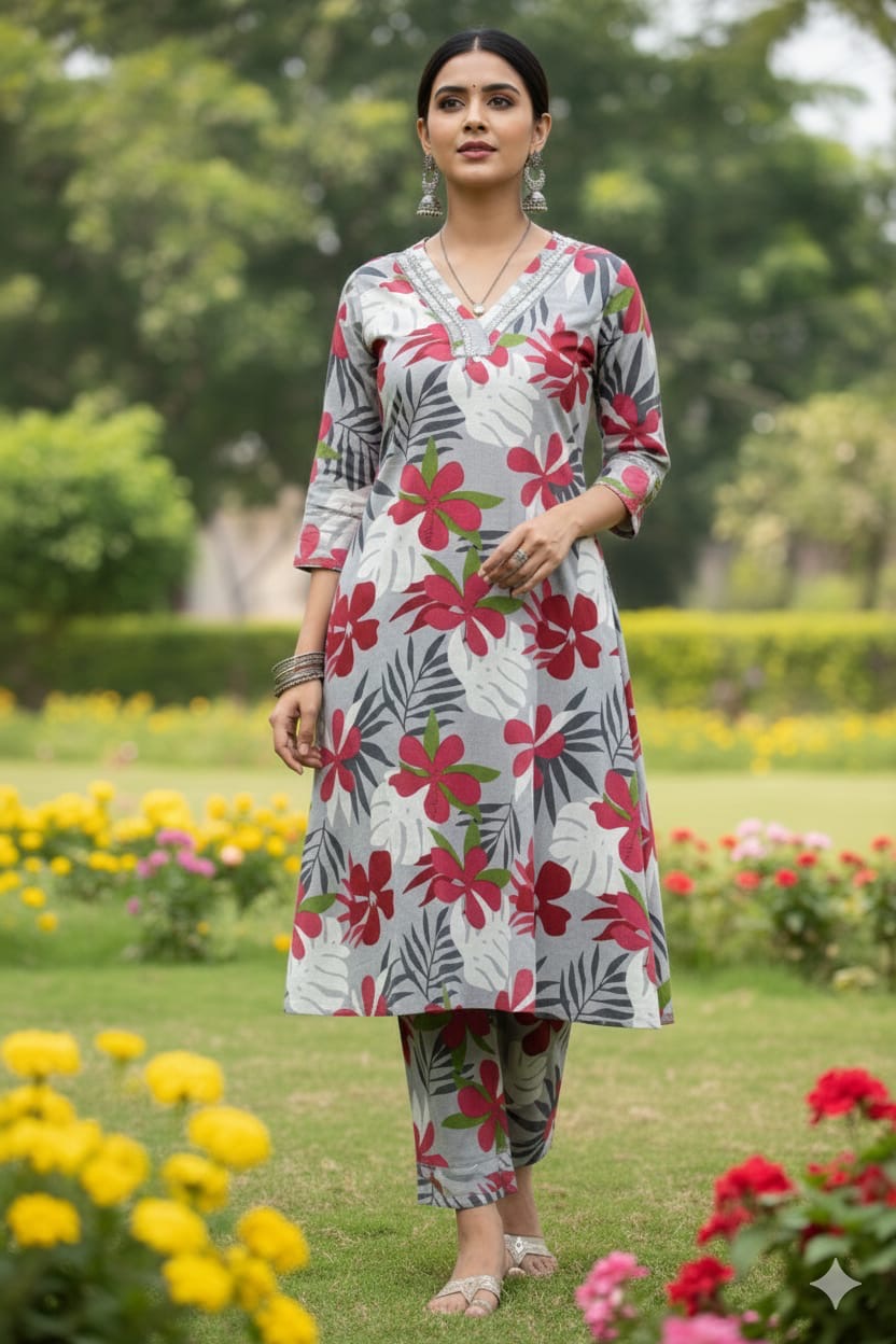 Grey Floral Printed Kurta Co-Ord Set