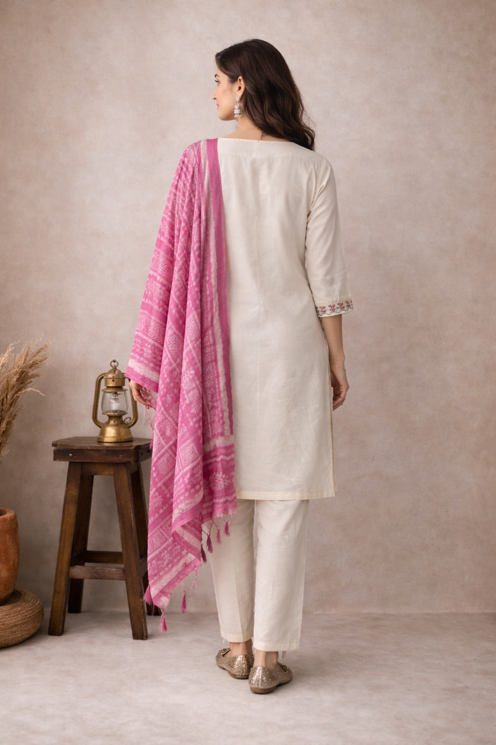 Ivory Bloom Embroidered Kurta Set with Pink Dupatta