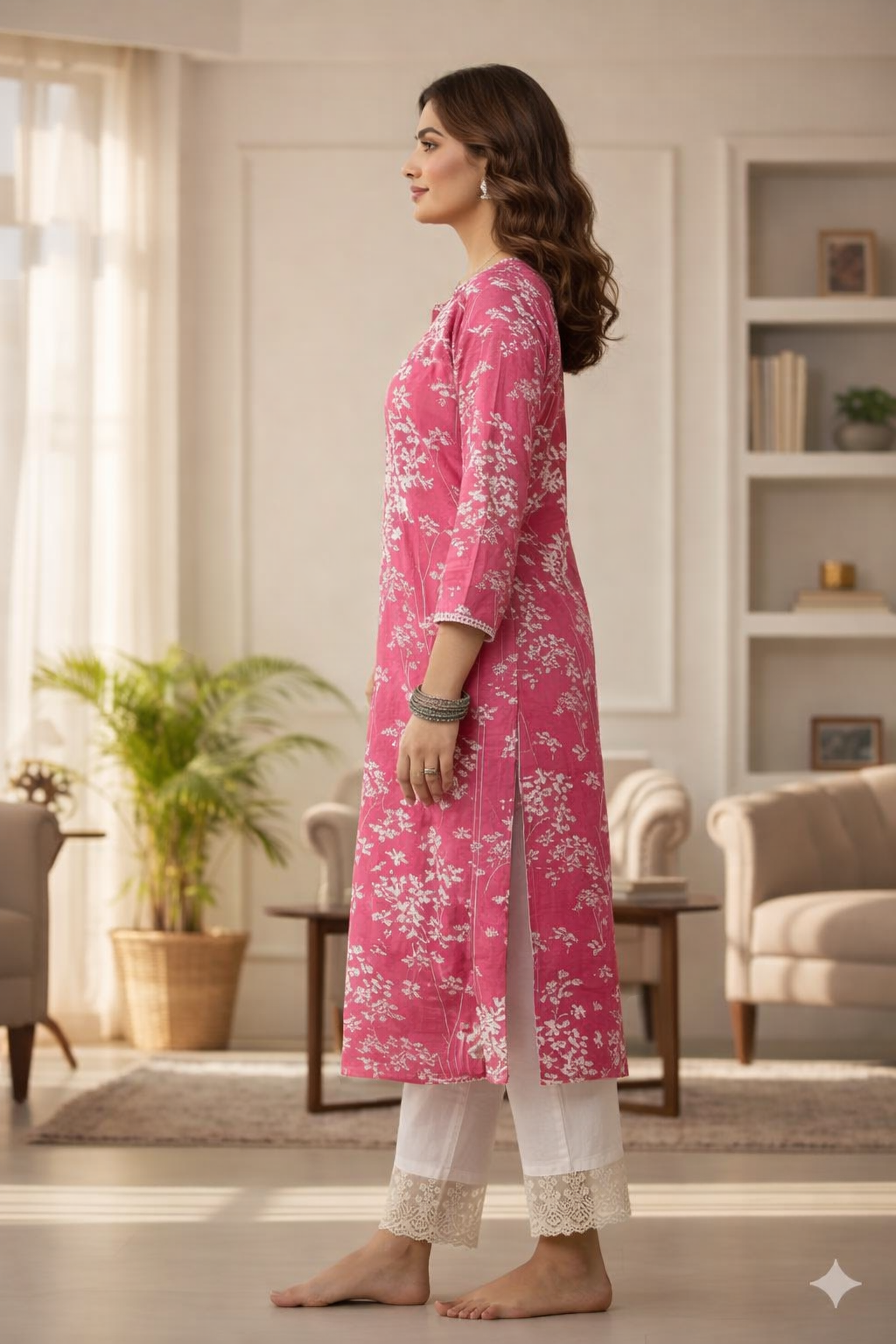 Pink Floral Chikankari Cotton Kurta Set