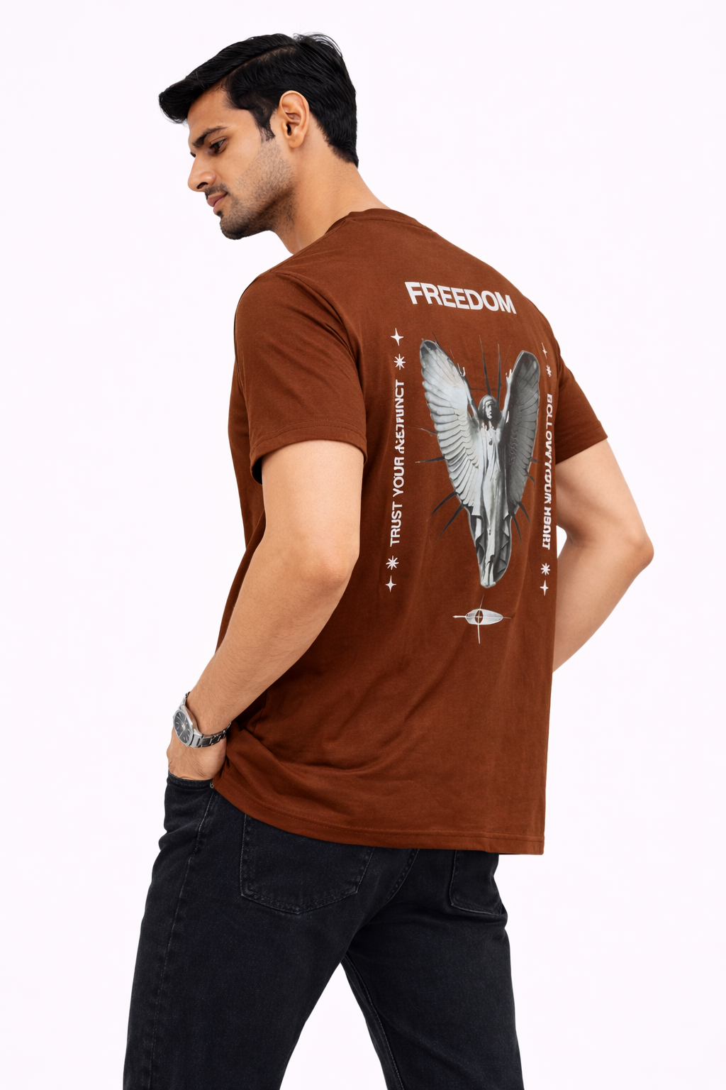 Men’s Brown Freedom Angel Graphic Printed Oversized T-Shirt