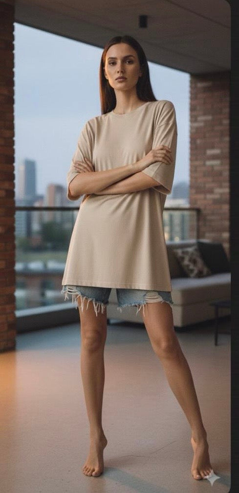 Samurai Back Print Oversized Sand Beige T-Shirt