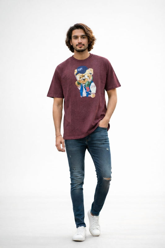 Men’s Burgundy Acid Wash Oversized Graphic T-Shirt