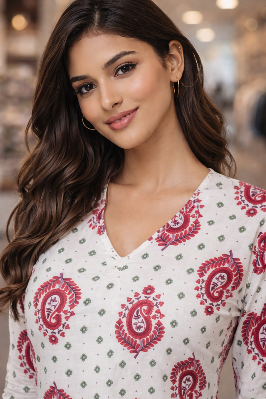 Women’s Printed Cotton Tunic Top – V-Neck, 3/4 Sleeve (White, Red & Green)