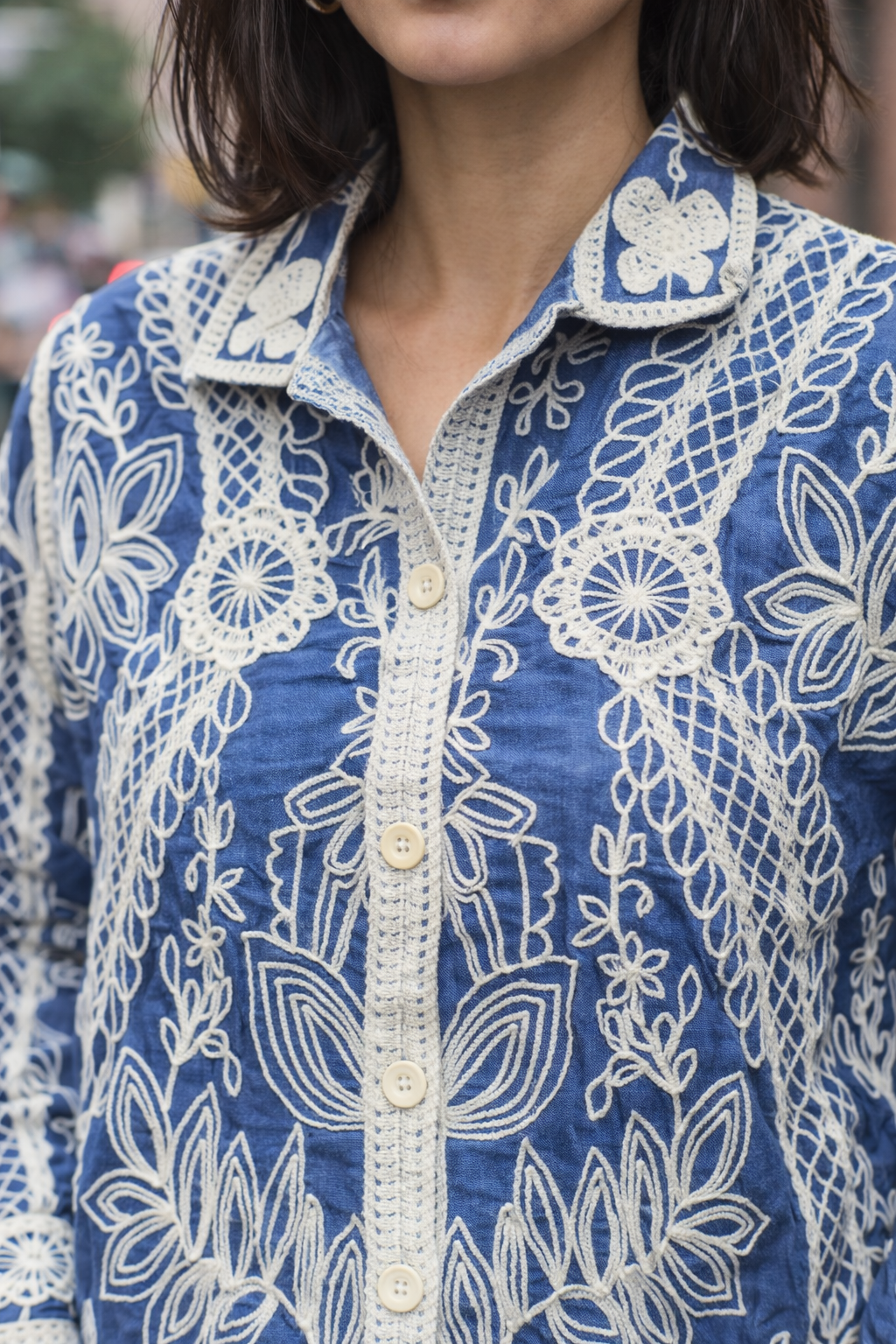 Indigo Blue Floral Embroidered Cotton Jacket Top