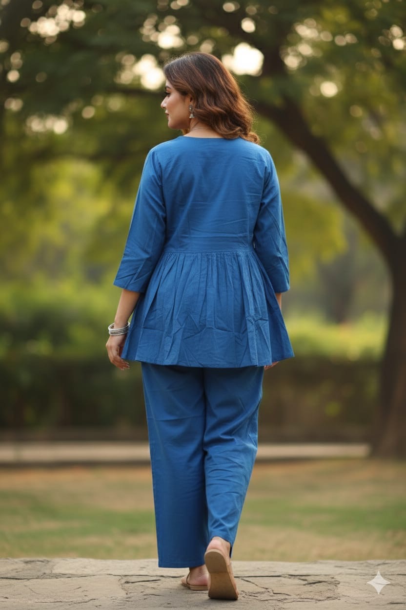 Indigo Bloom Embroidered Cotton Co-ord Set