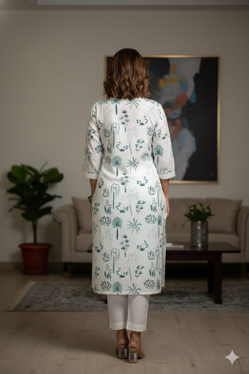 Ivory Teal Botanical Print Straight Kurta Set