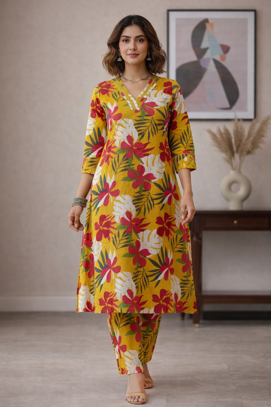 Radiant Yellow Cotton A-Line Co-ord Set with Side Floral Embroidery