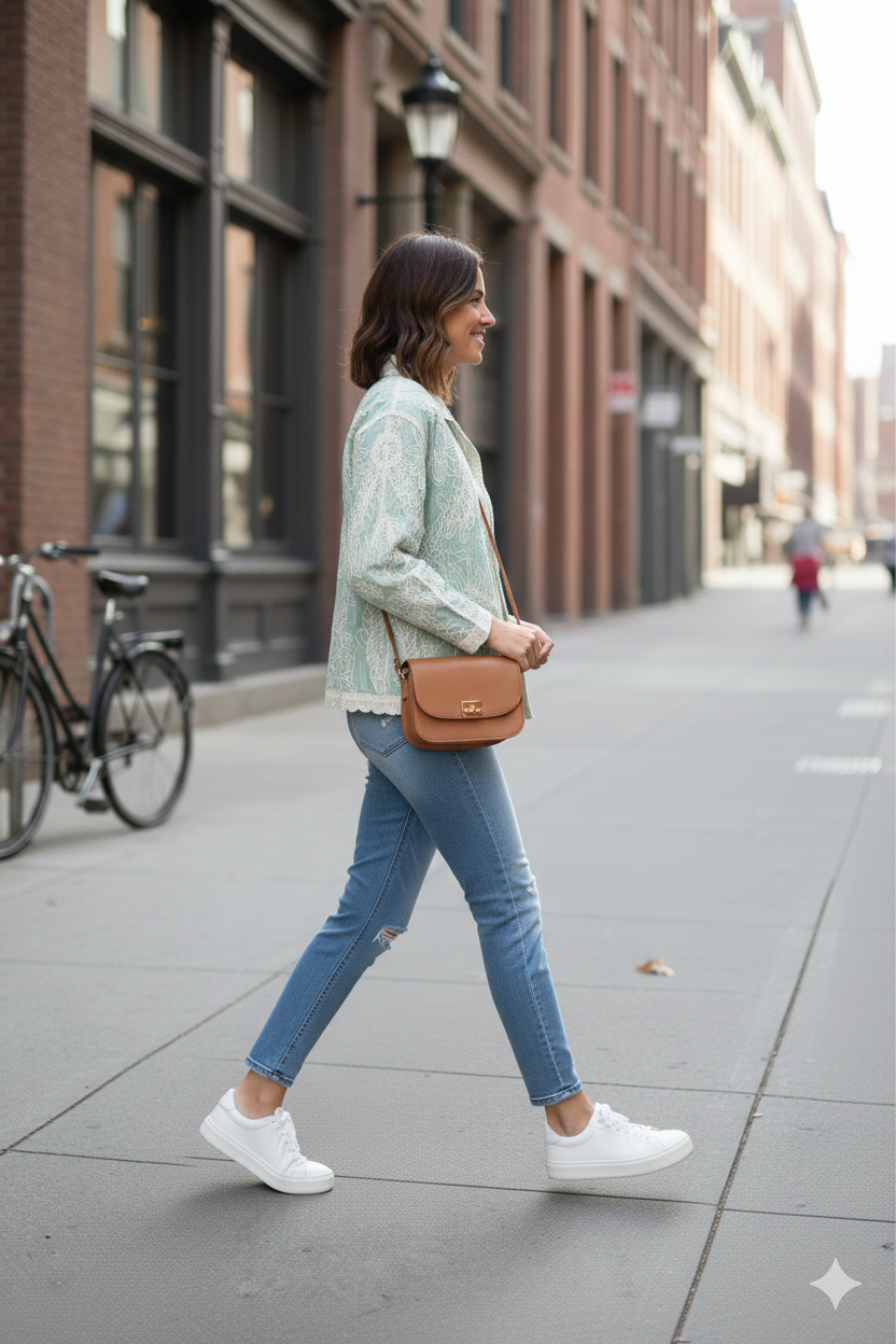 Mint Green Floral Embroidered Cotton Jacket Top