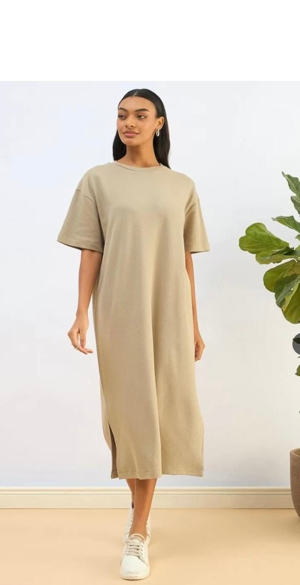 Beige Oversized Midi T-Shirt Dress