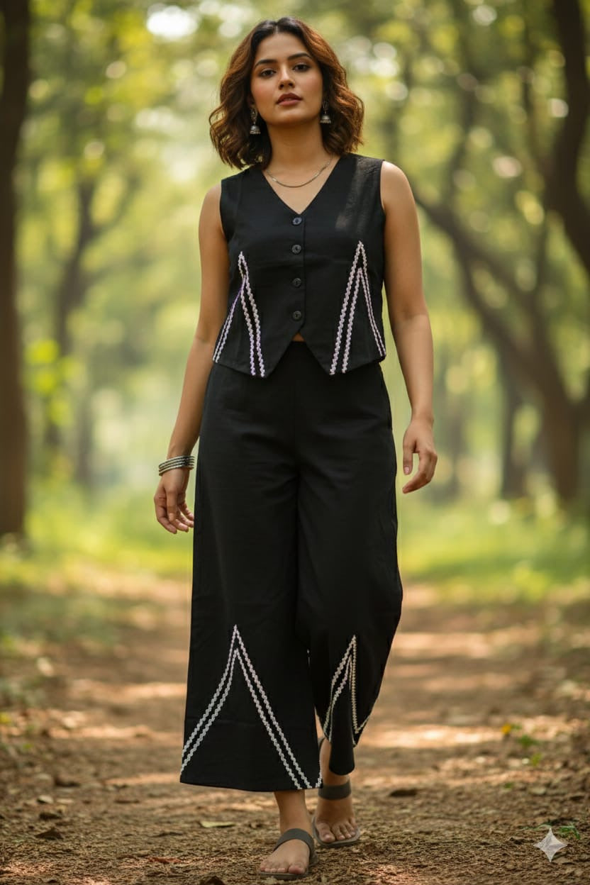 Midnight Black Sleeveless Embroidered Co-ord Set