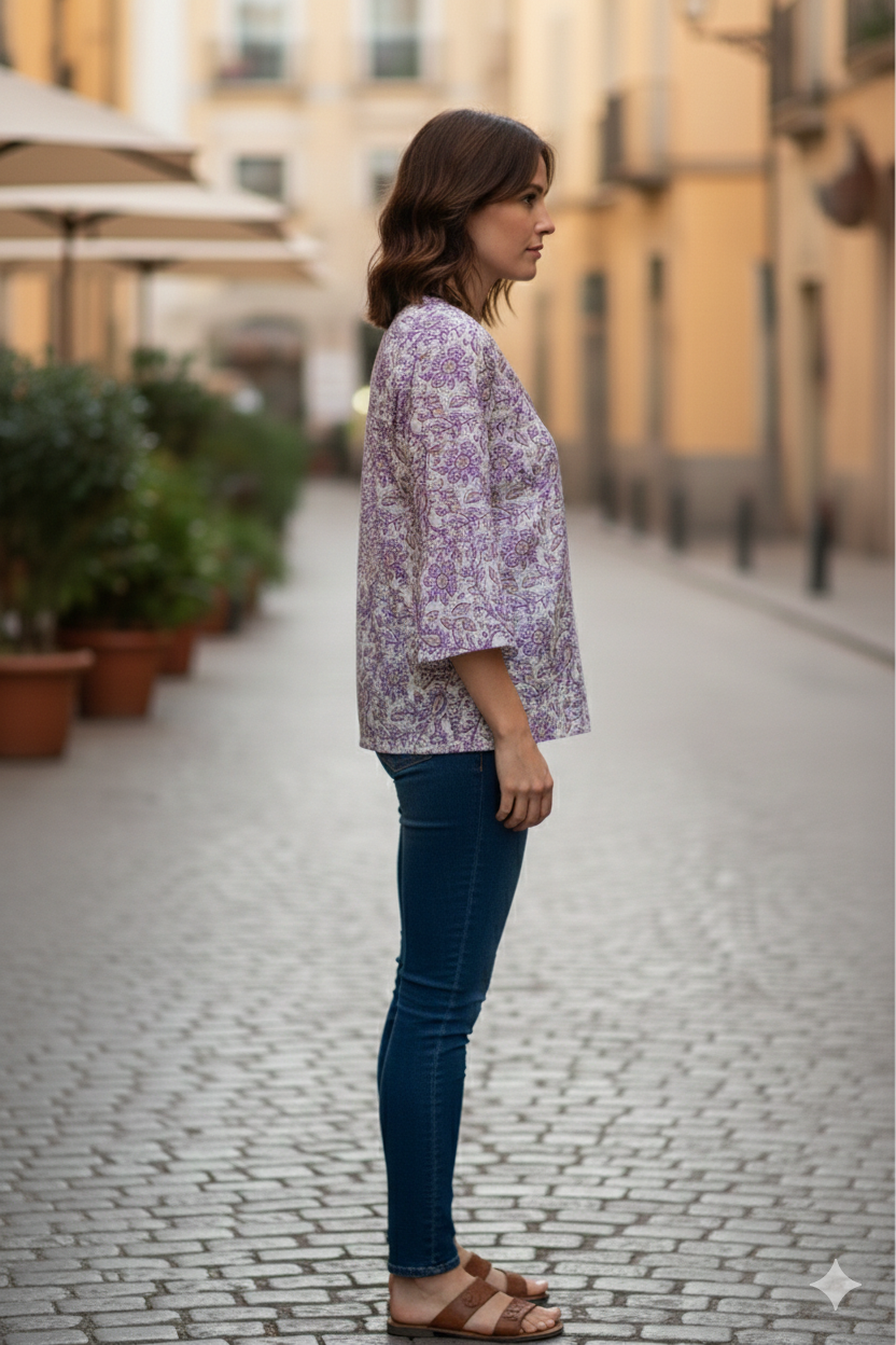 Lavender Bloom Printed V-Neck Tunic Top
