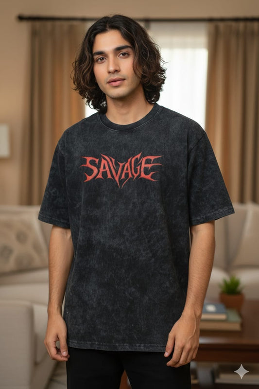 Men’s Black Acid Wash Oversized Graphic T-Shirt – SAVAGE Print