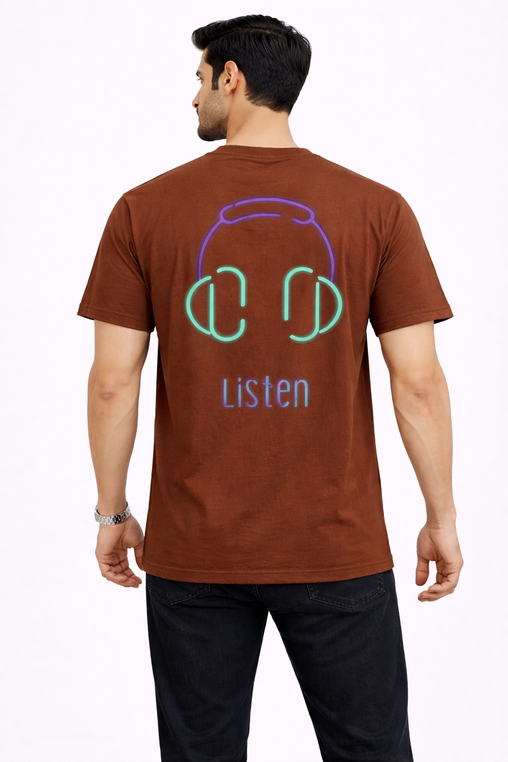 “Listen” Headphone Neon-Line Graphic T-Shirt – (Brown)