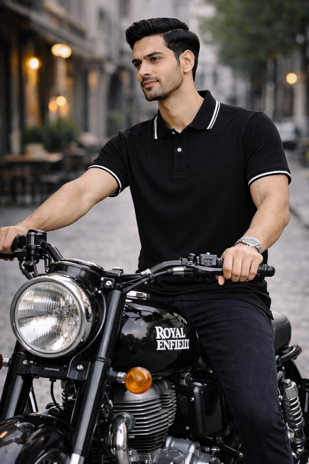 Men’s Black Polo T-Shirt with White Tipped Collar & Sleeves