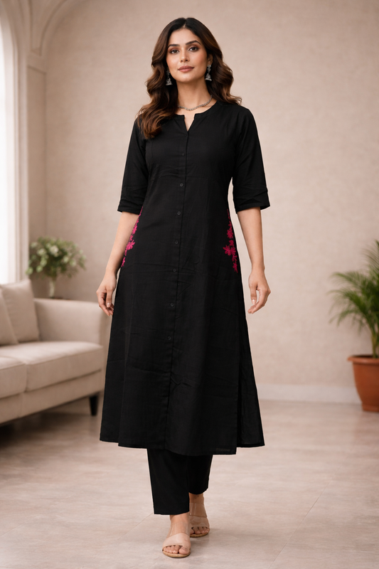 Classic Black Cotton Kurta Pant Set for Women