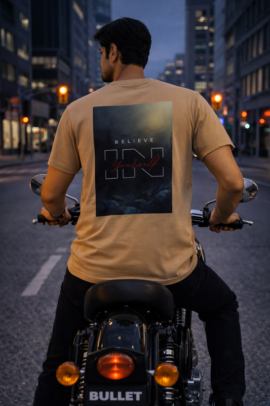 Believe in Yourself Motivational Graphic T-Shirt – Back Print (Beige/Tan)