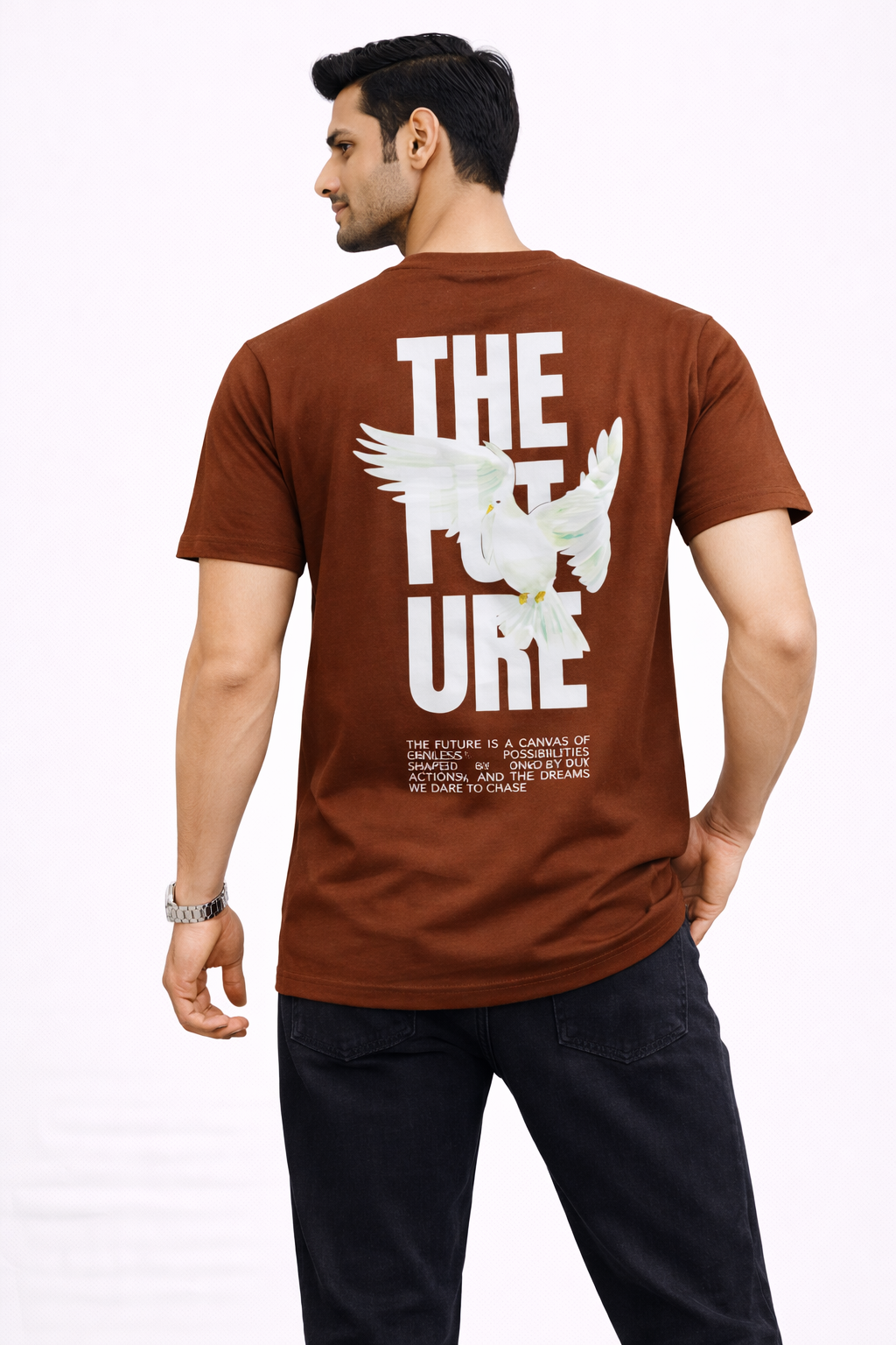 THE FUTURE” Graphic T-Shirt with Flying Dove Print – (Brown)
