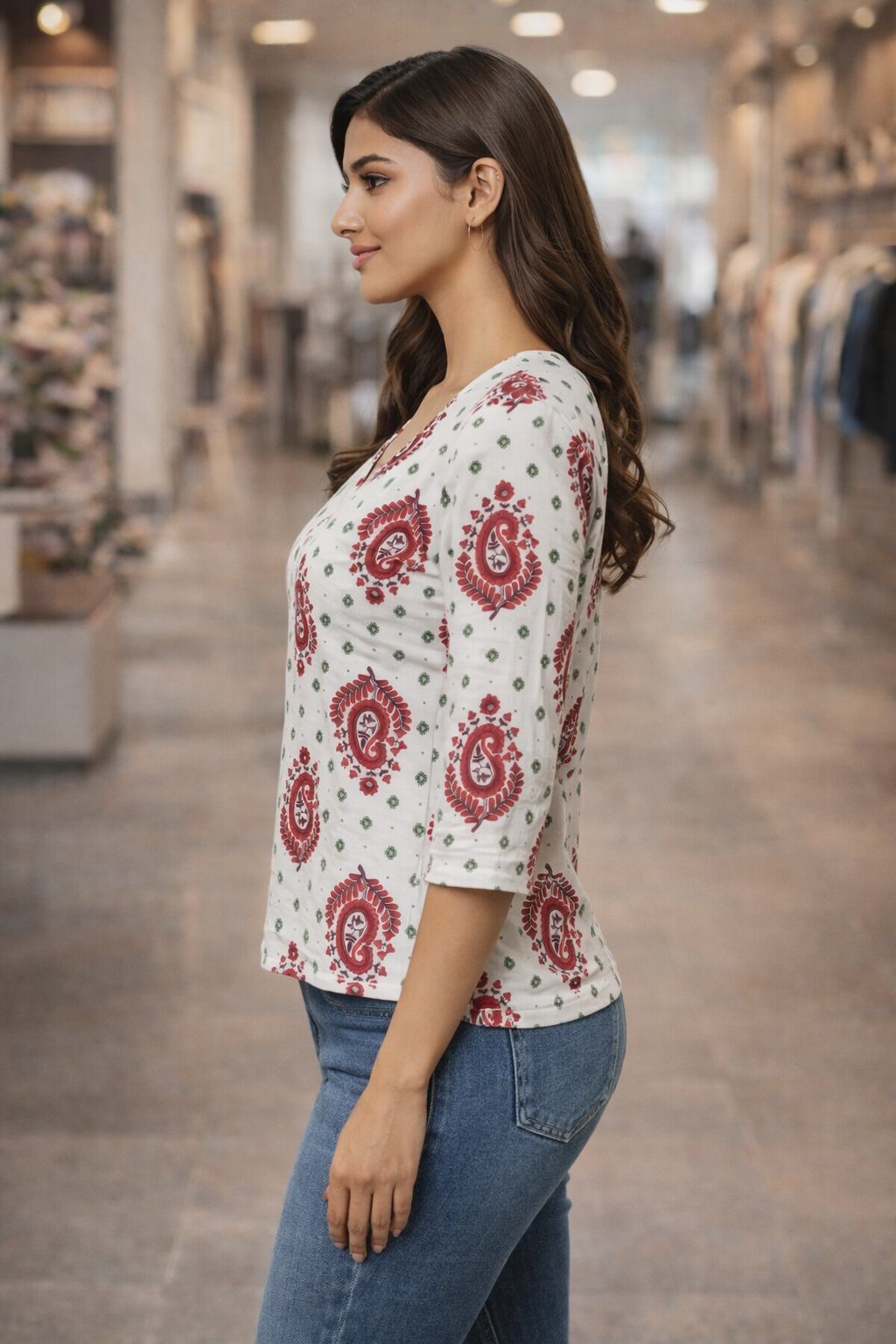 Women’s Printed Cotton Tunic Top – V-Neck, 3/4 Sleeve (White, Red & Green)