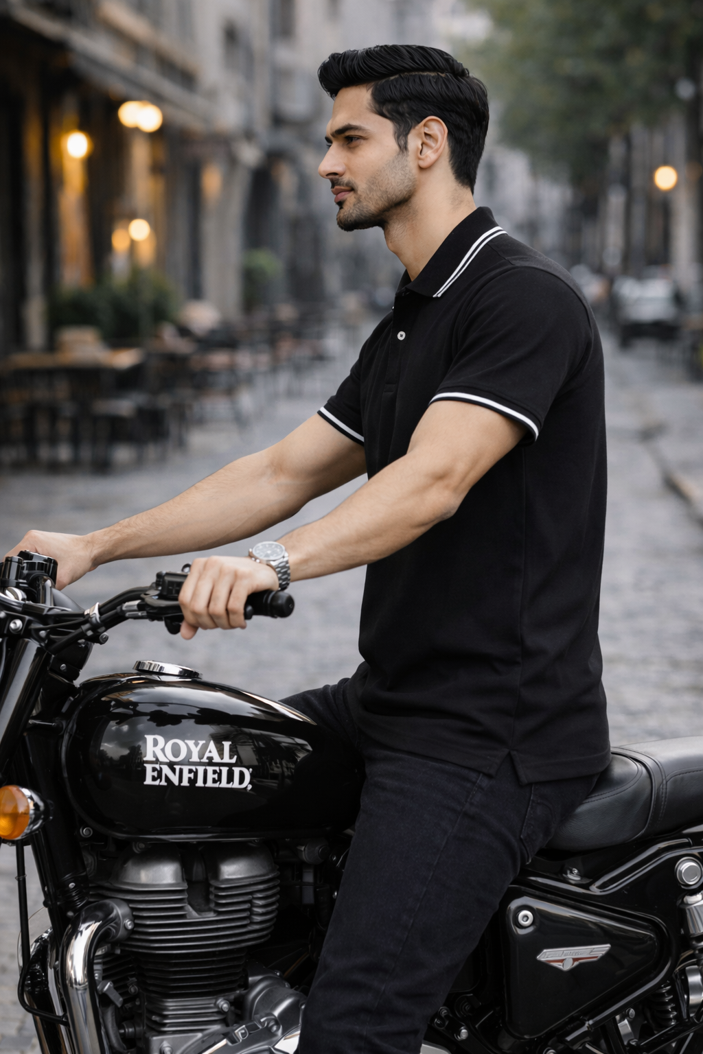 Men’s Black Polo T-Shirt with White Tipped Collar & Sleeves