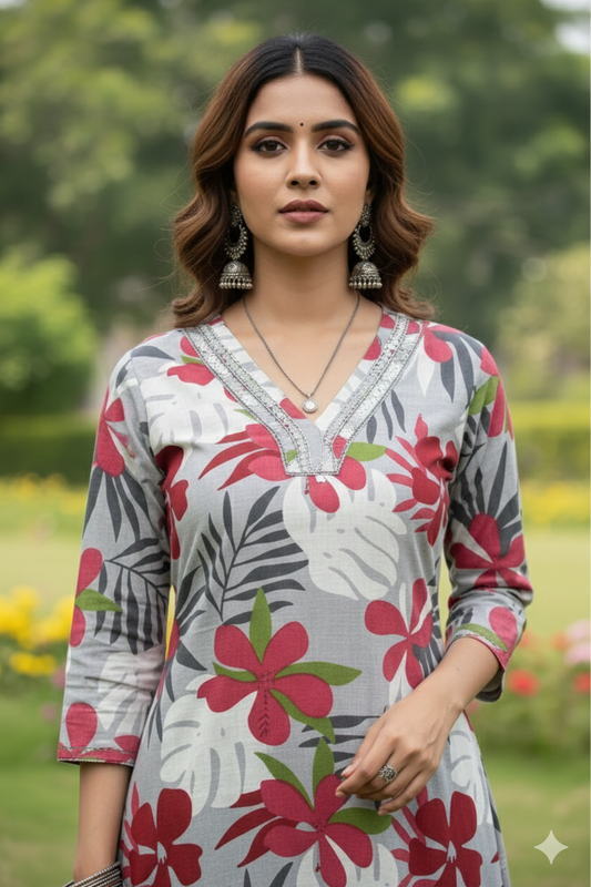 Grey Floral Printed Kurta Co-Ord Set