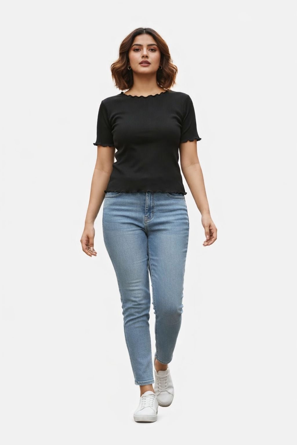 Black Ribbed Fitted Top with Lettuce Edge