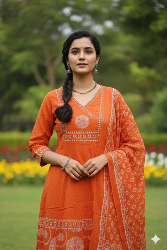 Bright Tangerine Embroidered Kurta Set with Sheer Dupatta