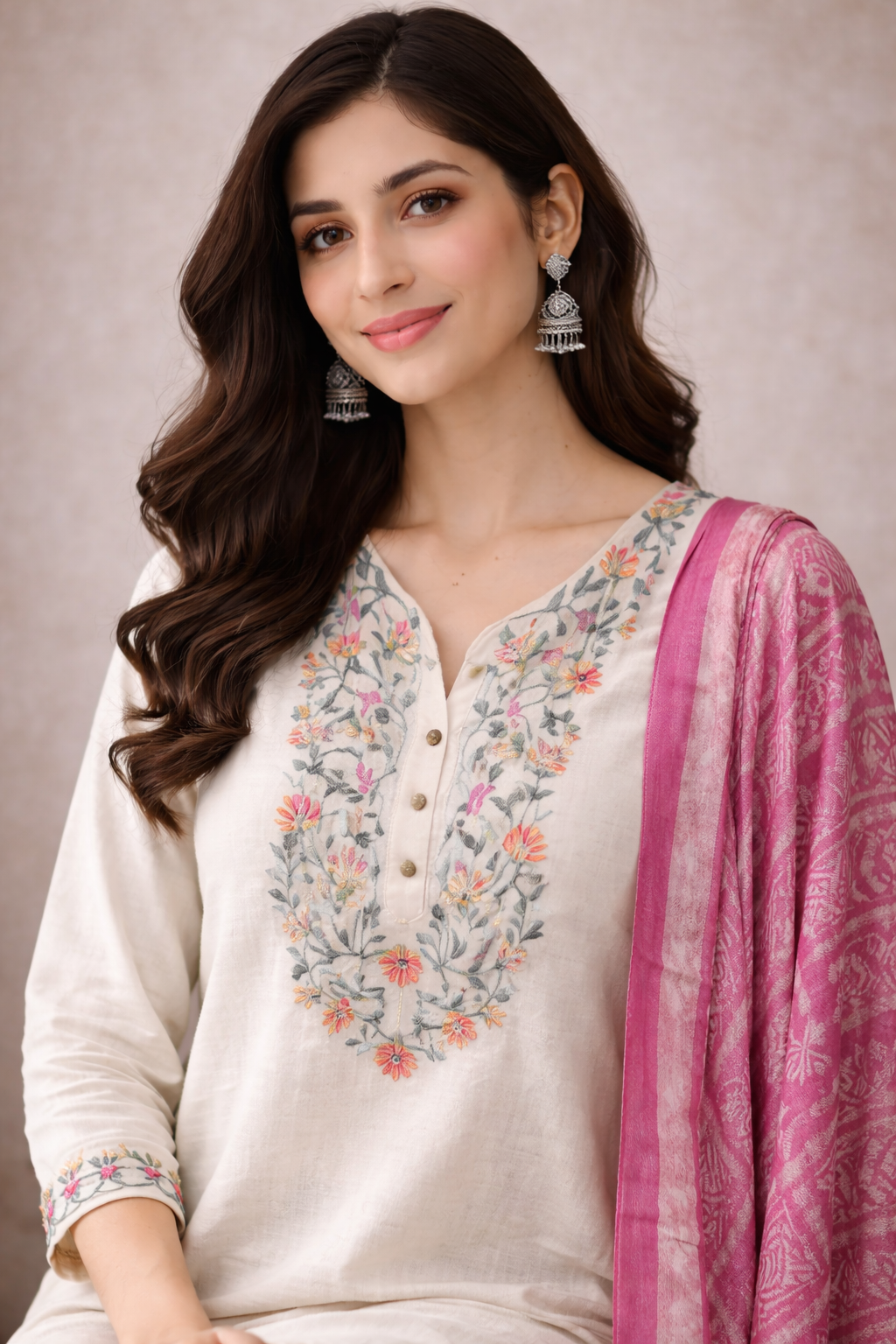 Ivory Bloom Embroidered Kurta Set with Pink Dupatta