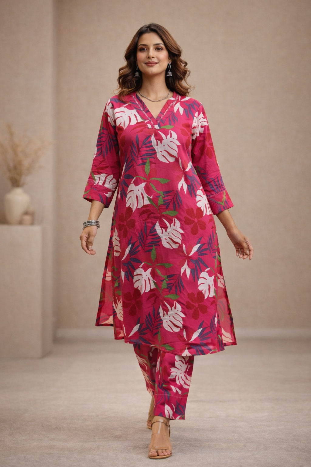 Pink Floral Printed Kurta Pant Set for Women – Elegant Everyday Wear