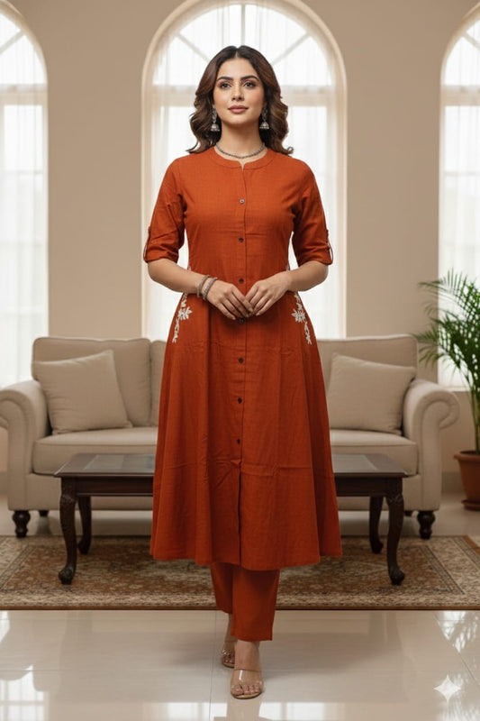 Elegant Orange Cotton A-Line Kurta Set with Mandarin Collar