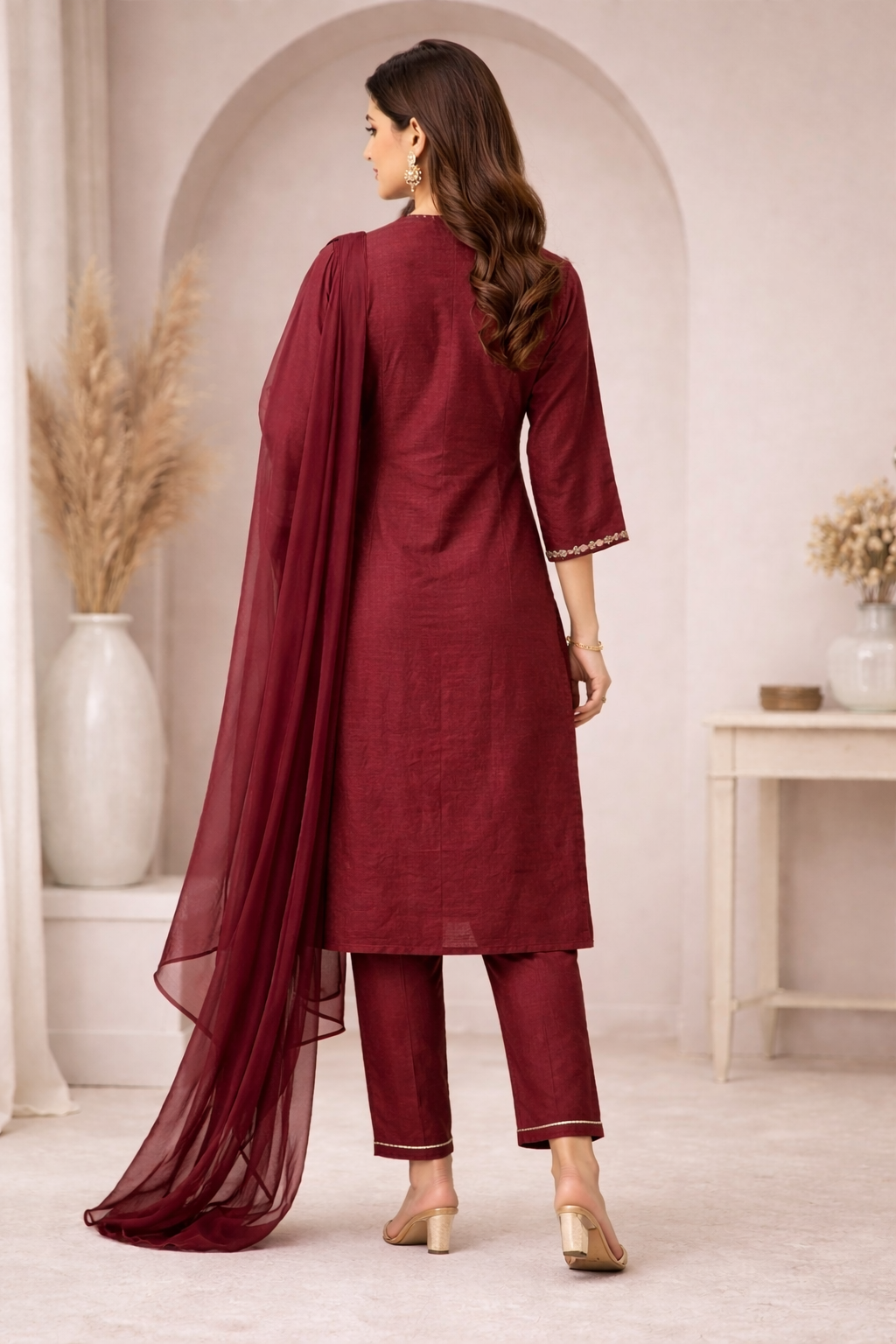 Maroon Floral Embroidered Kurta Pant Set with Dupatta