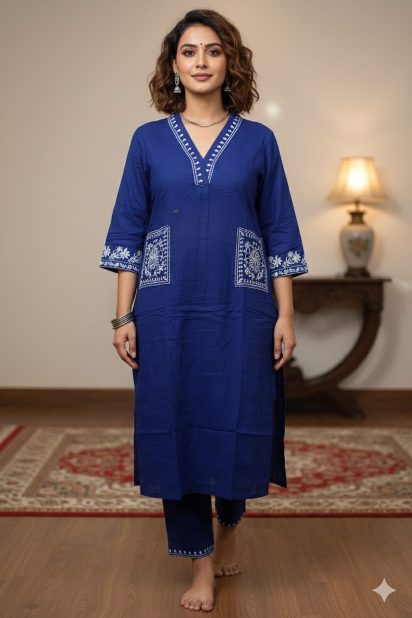 Elegant Royal Blue Cotton Kurta Pant Set for Women