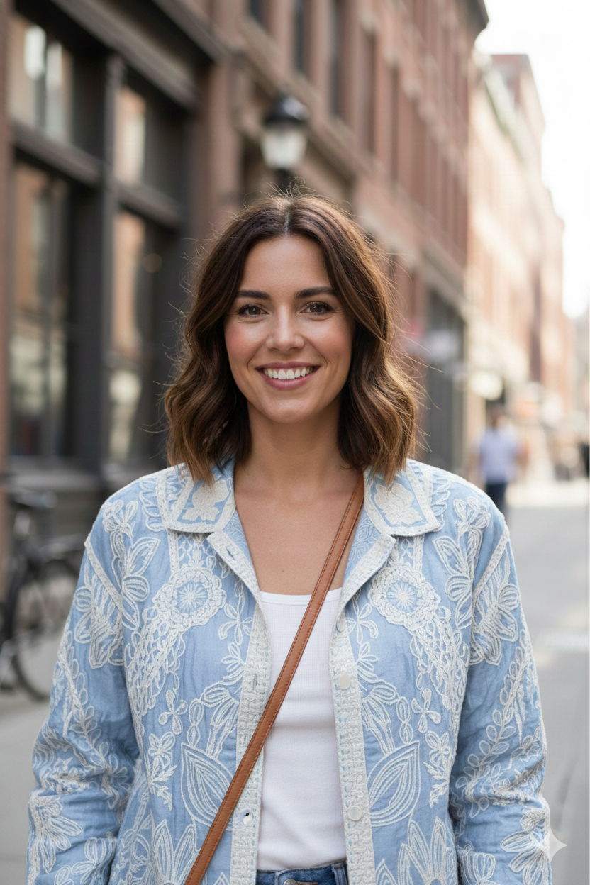 Sky Blue Floral Embroidered Cotton Jacket Top