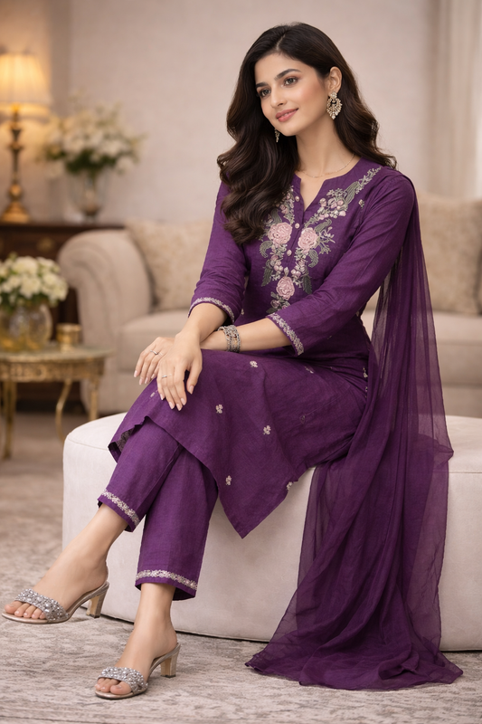 Royal Purple Floral Embroidered Kurta Pant Set with Dupatta