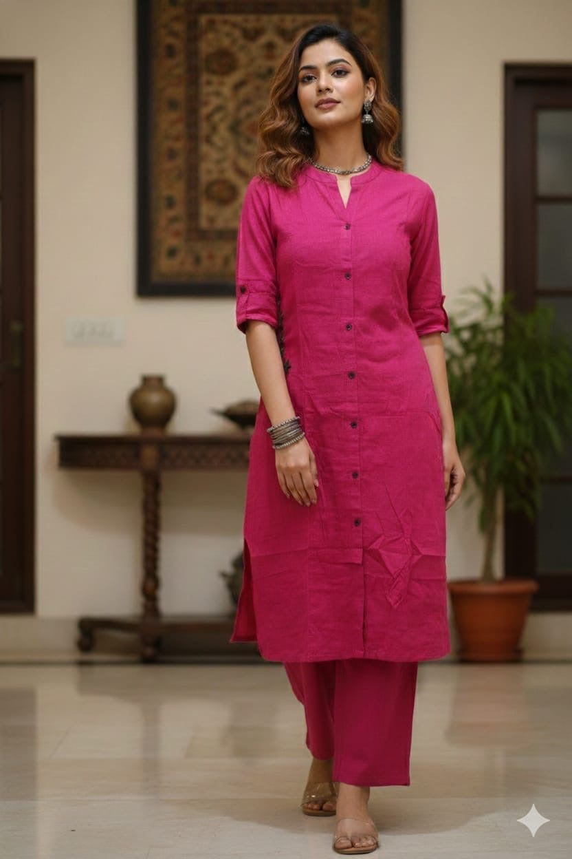 Elegant Rani Pink Cotton A-Line Kurta Set with Mandarin Collar