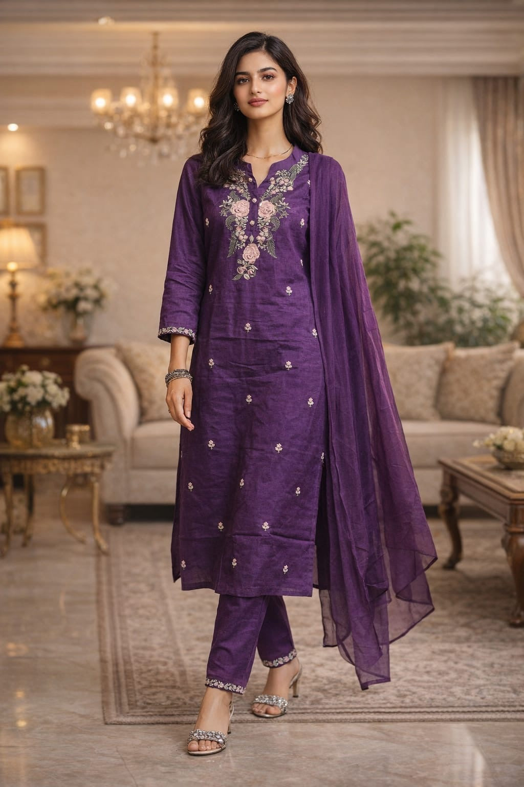Royal Purple Floral Embroidered Kurta Pant Set with Dupatta