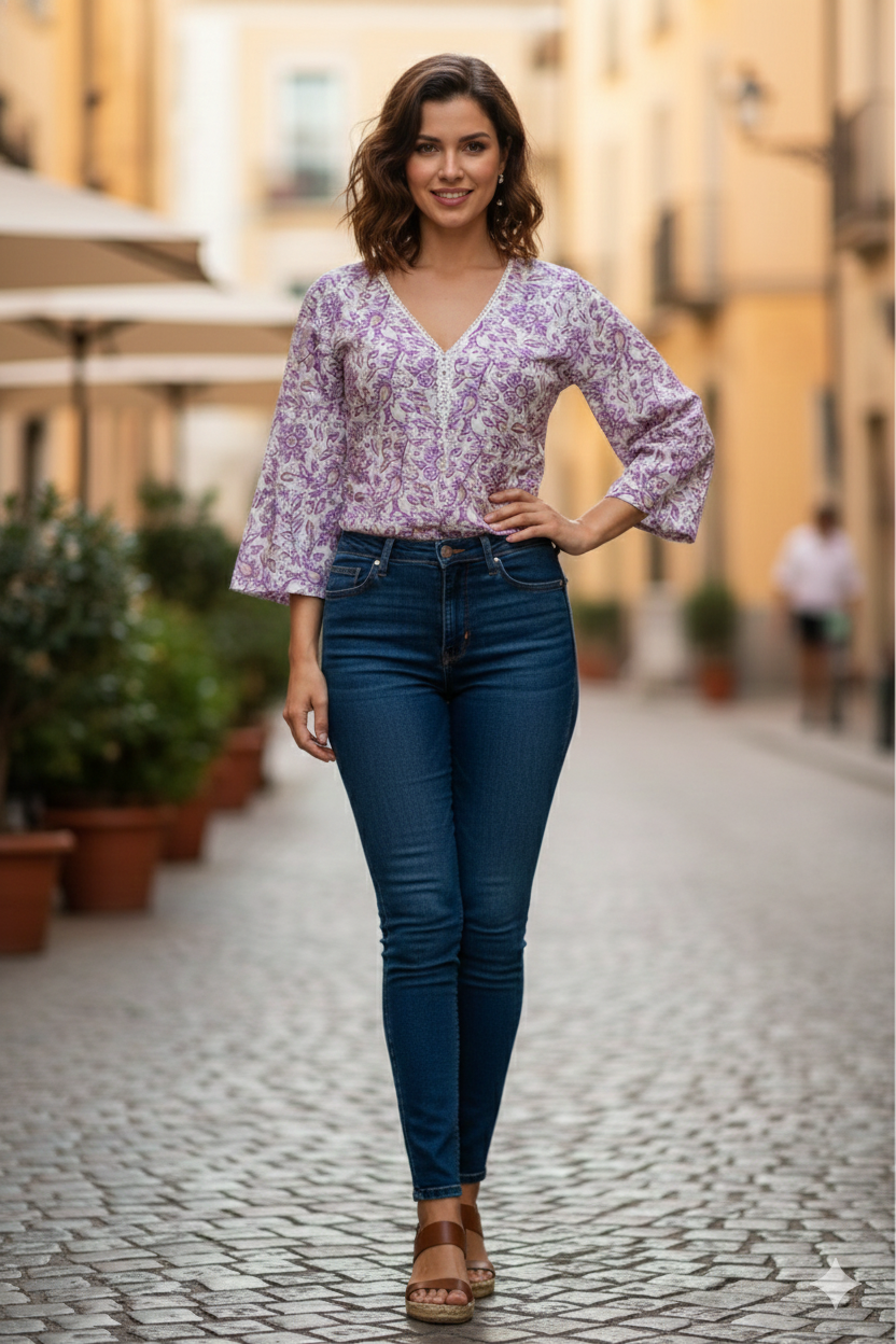 Lavender Bloom Printed V-Neck Tunic Top