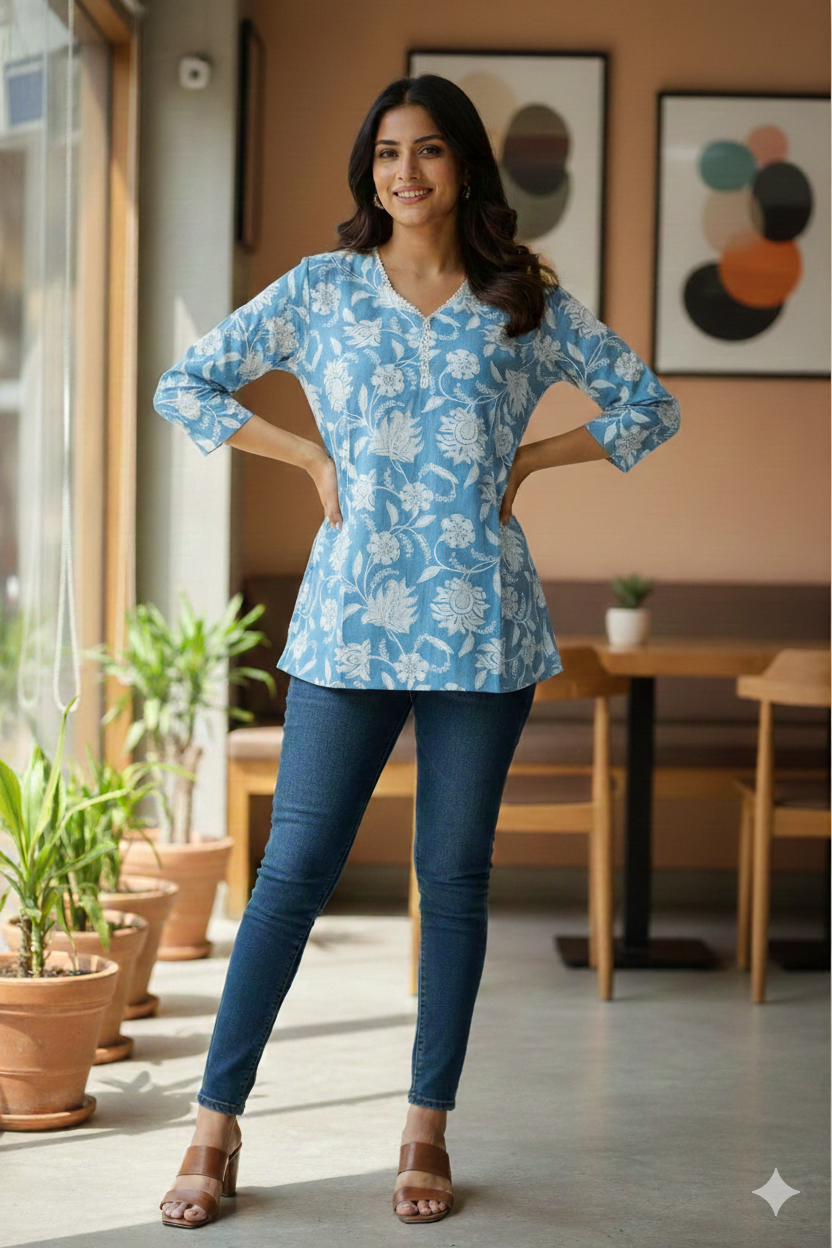 Women’s Floral Printed Cotton Tunic Top – V-Neck, 3/4 Sleeve (Powder Blue)