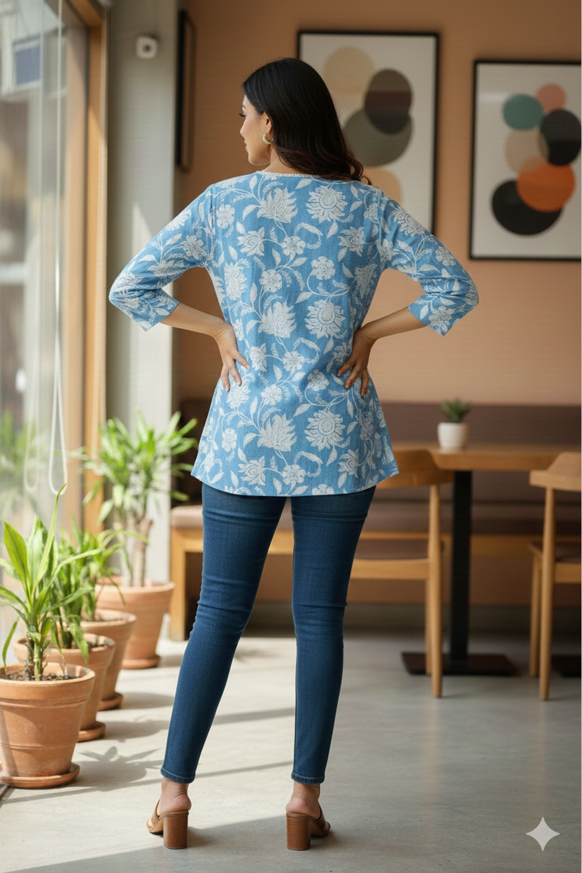 Women’s Floral Printed Cotton Tunic Top – V-Neck, 3/4 Sleeve (Powder Blue)