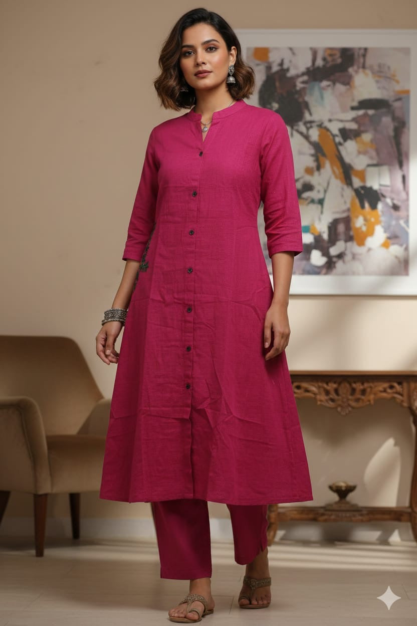 Elegant Rani Pink Cotton A-Line Kurta Set with Mandarin Collar