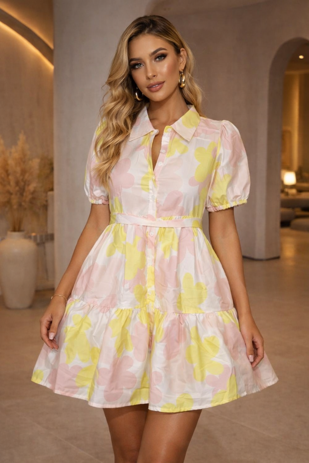 Pastel Bloom Shirt-Style A-Line Mini Dress